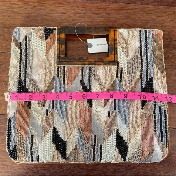 NWT Anthropologie Geometric Beaded Clutch in Beige Acrylic Handle Brown Black - Picture 10 of 11